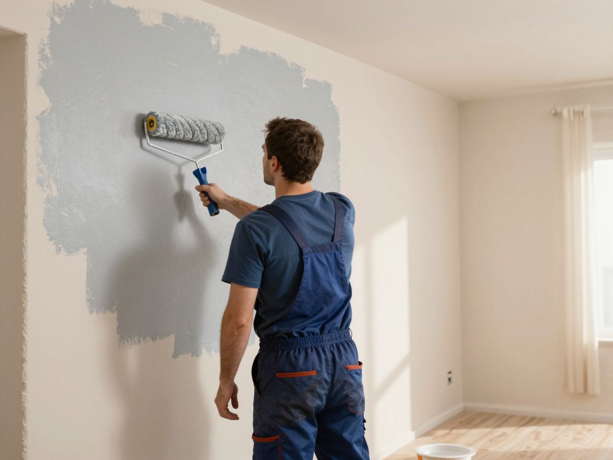 Tradesperson painting an interior wall with a roller