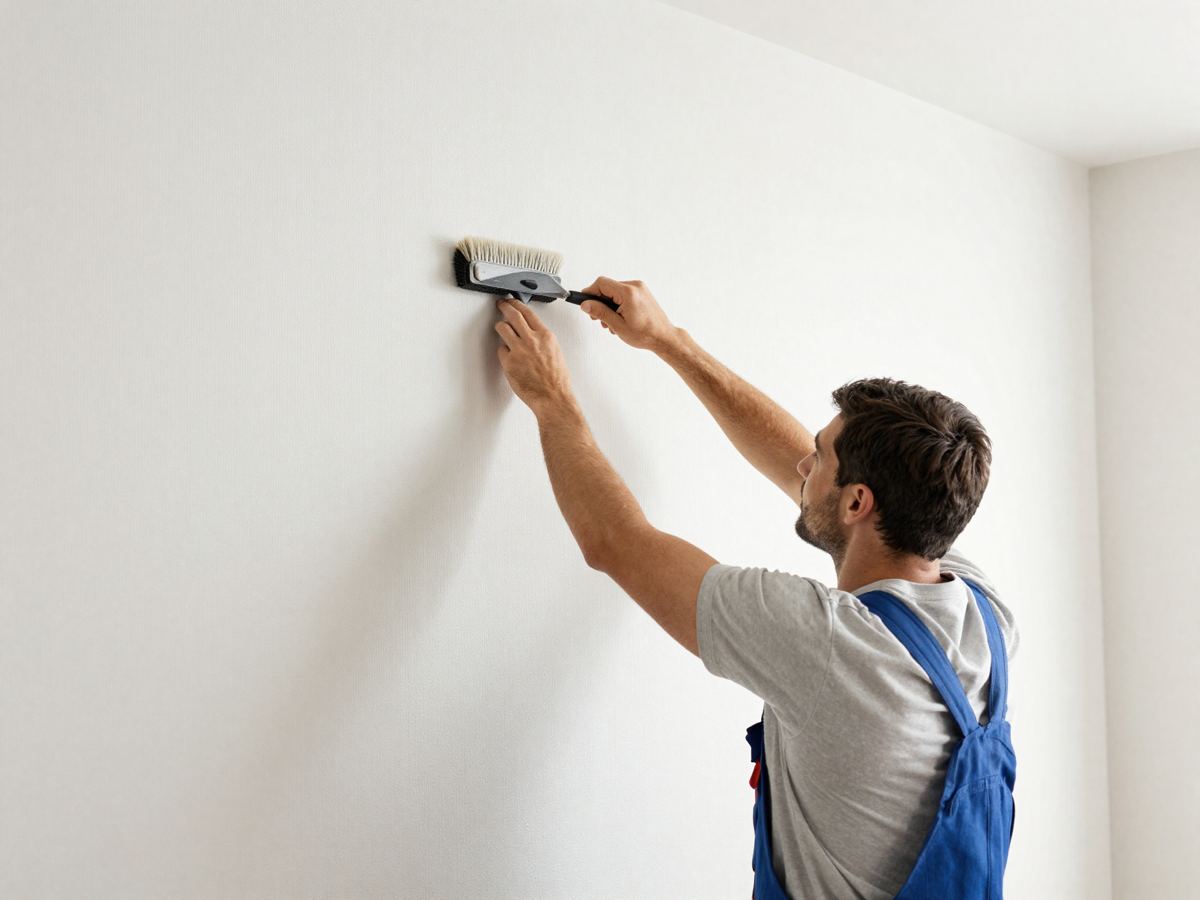 Tradesperson hanging wallpaper on an interior wall
