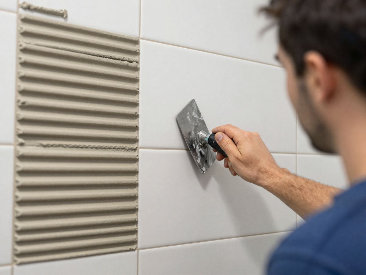 Tradesperson tiling a modern bathroom wall
